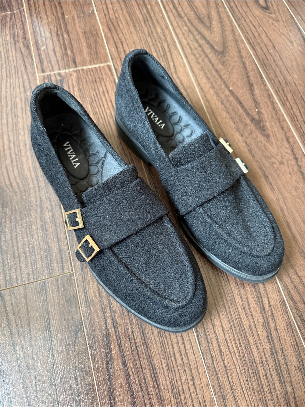 VIVALA Black Textured Loafers with Gold Buckles